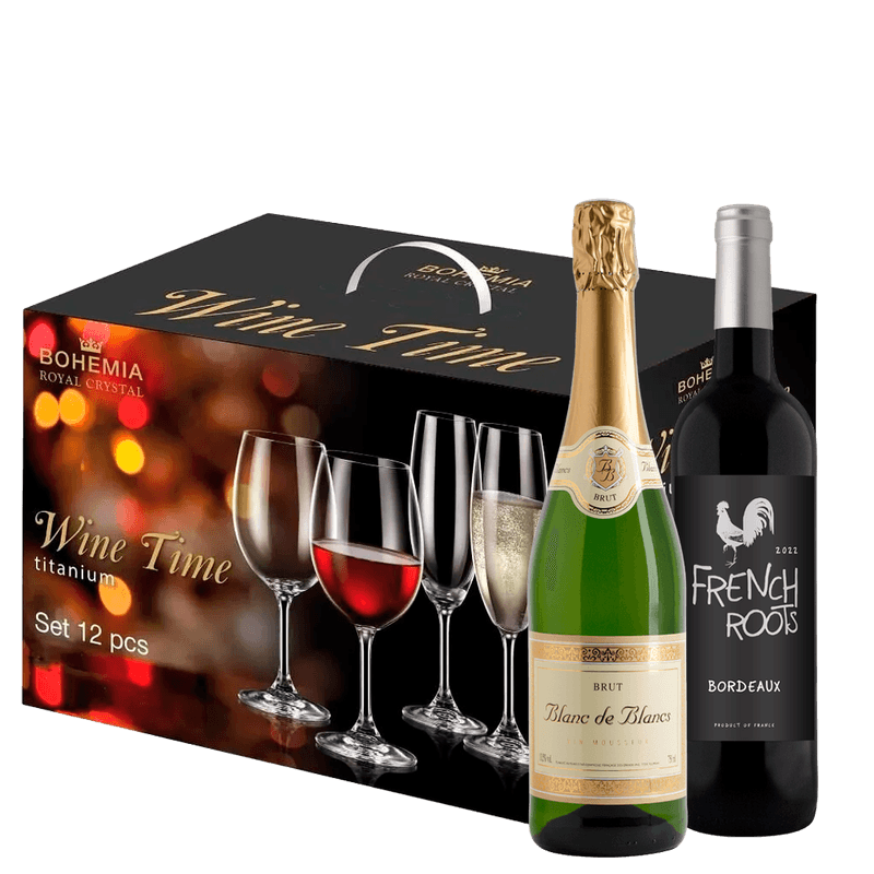 Kit 12 Taças de Cristal + Vinho e Espumante Francês